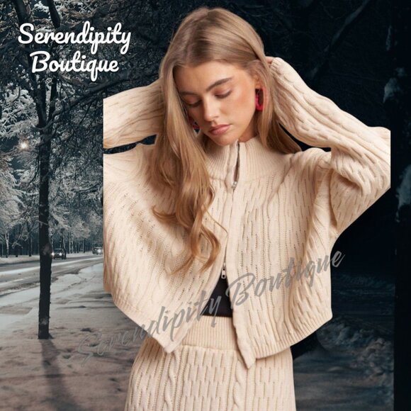 Snuggle Comfy High Neck Long Sleeve Zip Up Cardigan Maxi Skirt Sweater Set - Picture 3 of 12